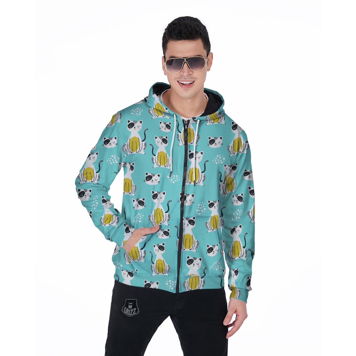 Blue Cat Print Men's Zip Up Hoodie-grizzshop