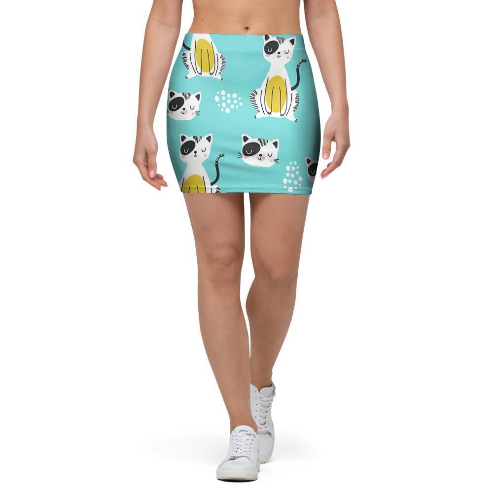 Blue Cat Print Mini Skirt-grizzshop