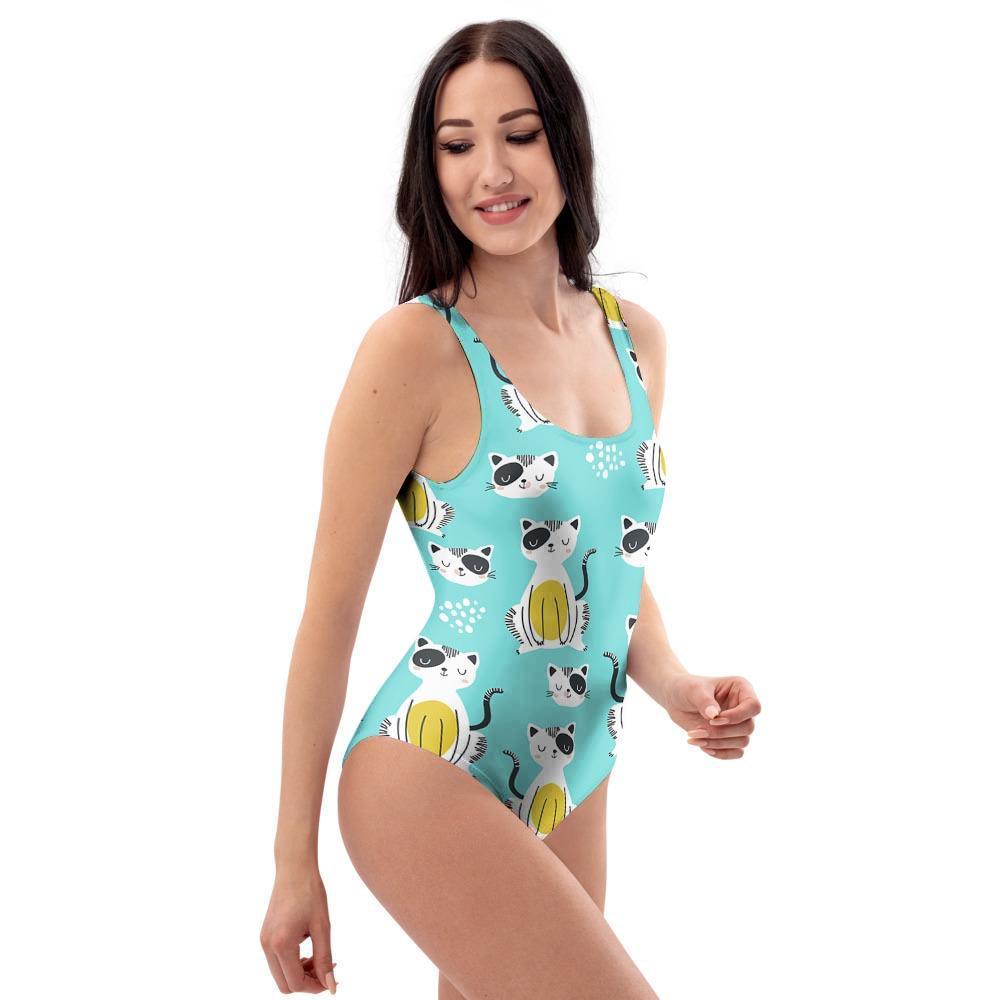 Blue Cat Print One Piece Swimsuite-grizzshop