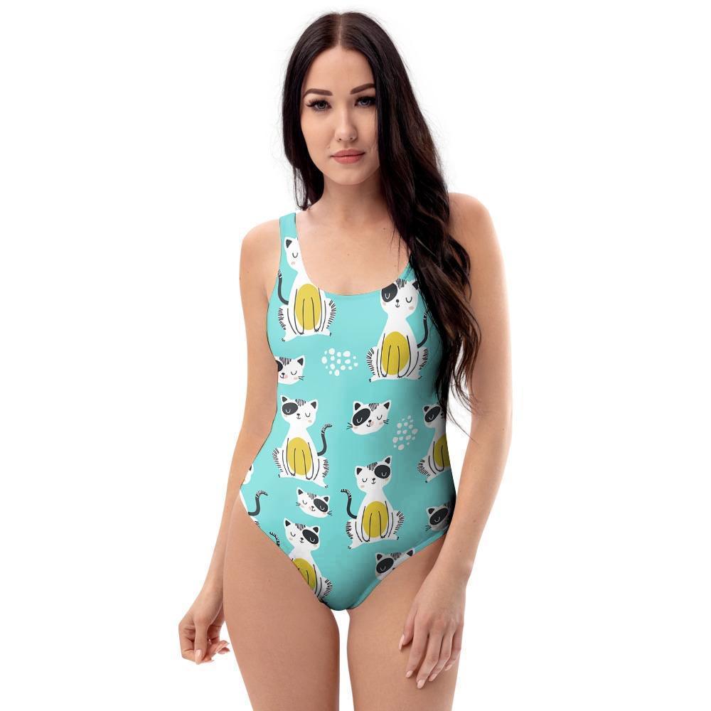 Blue Cat Print One Piece Swimsuite-grizzshop