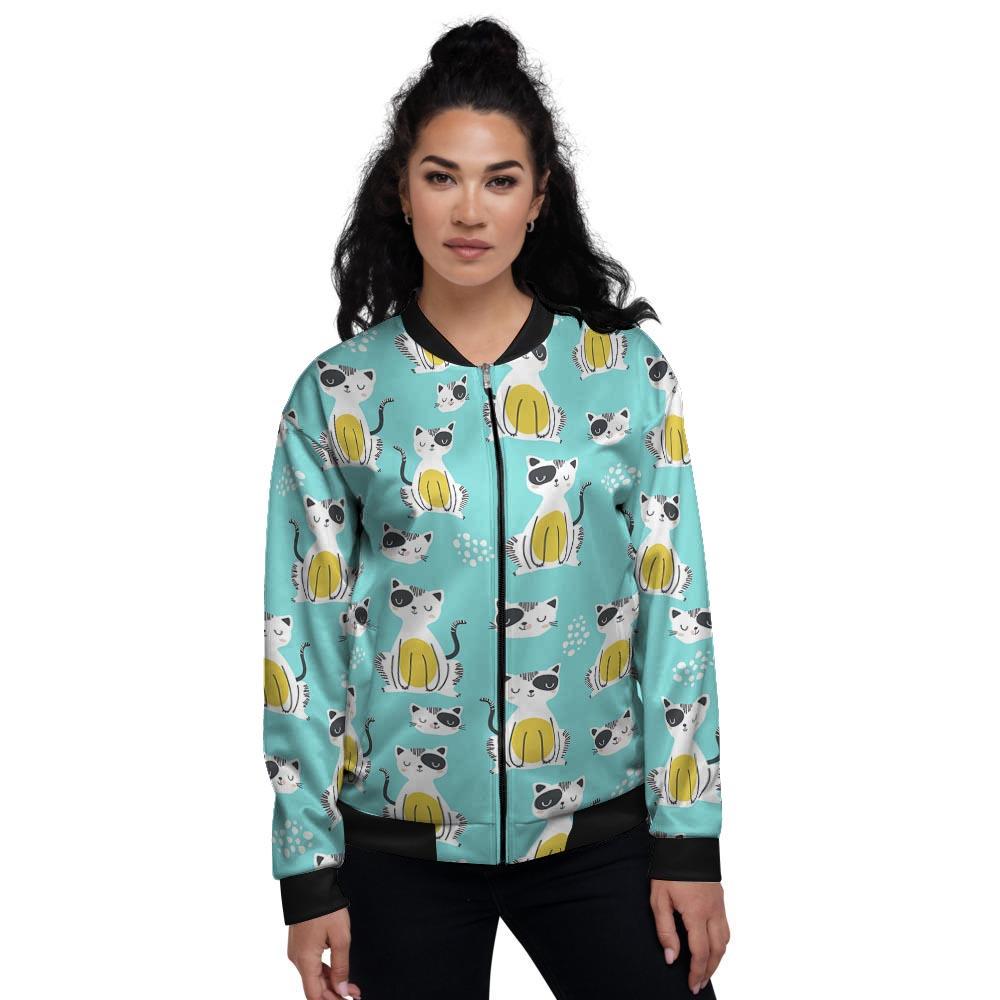 Blue Cat Print Women's Bomber Jacket-grizzshop