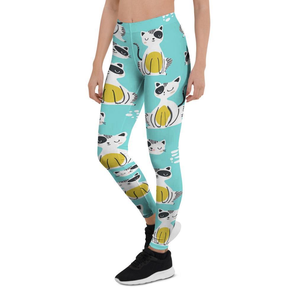 Blue Cat Print Women's Leggings-grizzshop