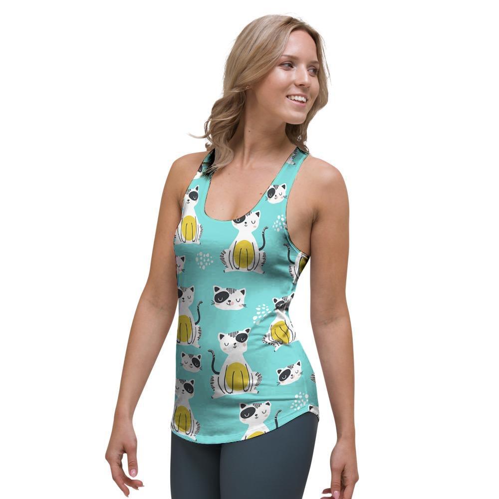 Blue Cat Print Women's Racerback Tank Top-grizzshop