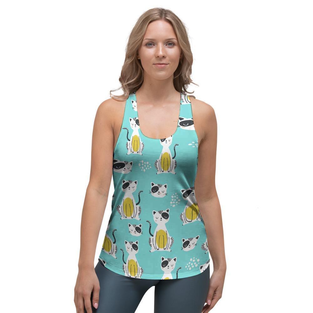Blue Cat Print Women's Racerback Tank Top-grizzshop