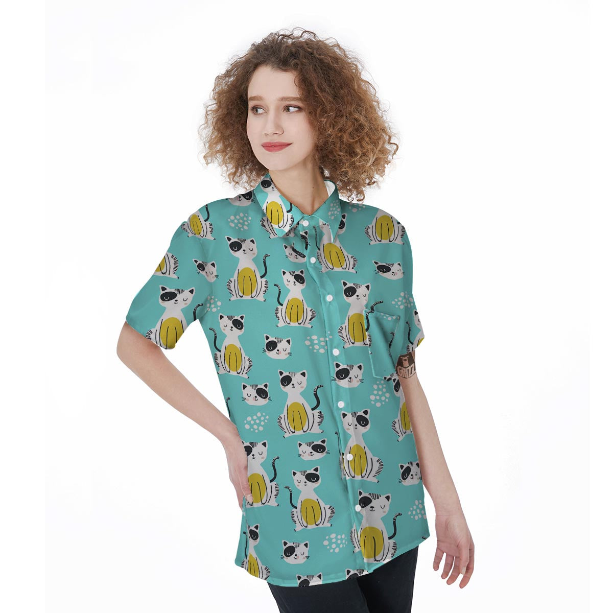 Blue Cat Print Women's Short Sleeve Shirts-grizzshop