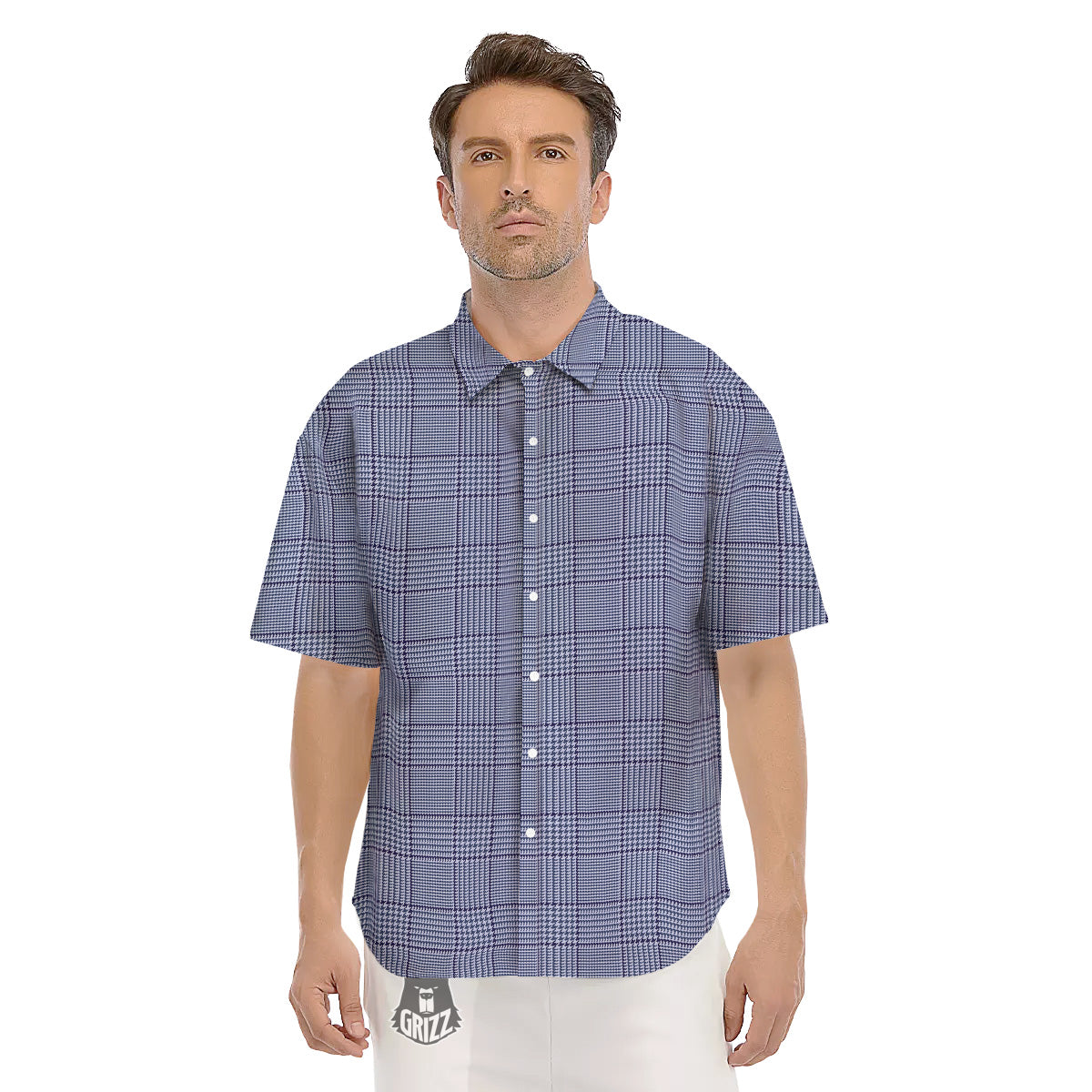 Blue Check Prince of Wales Print Men's Short Sleeve Shirts-grizzshop