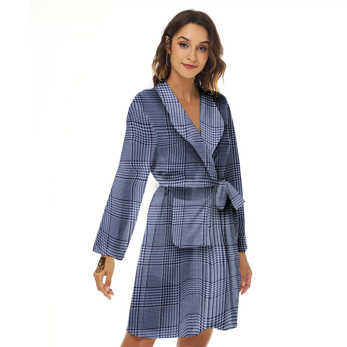 Blue Check Prince of Wales Print Women's Robe-grizzshop