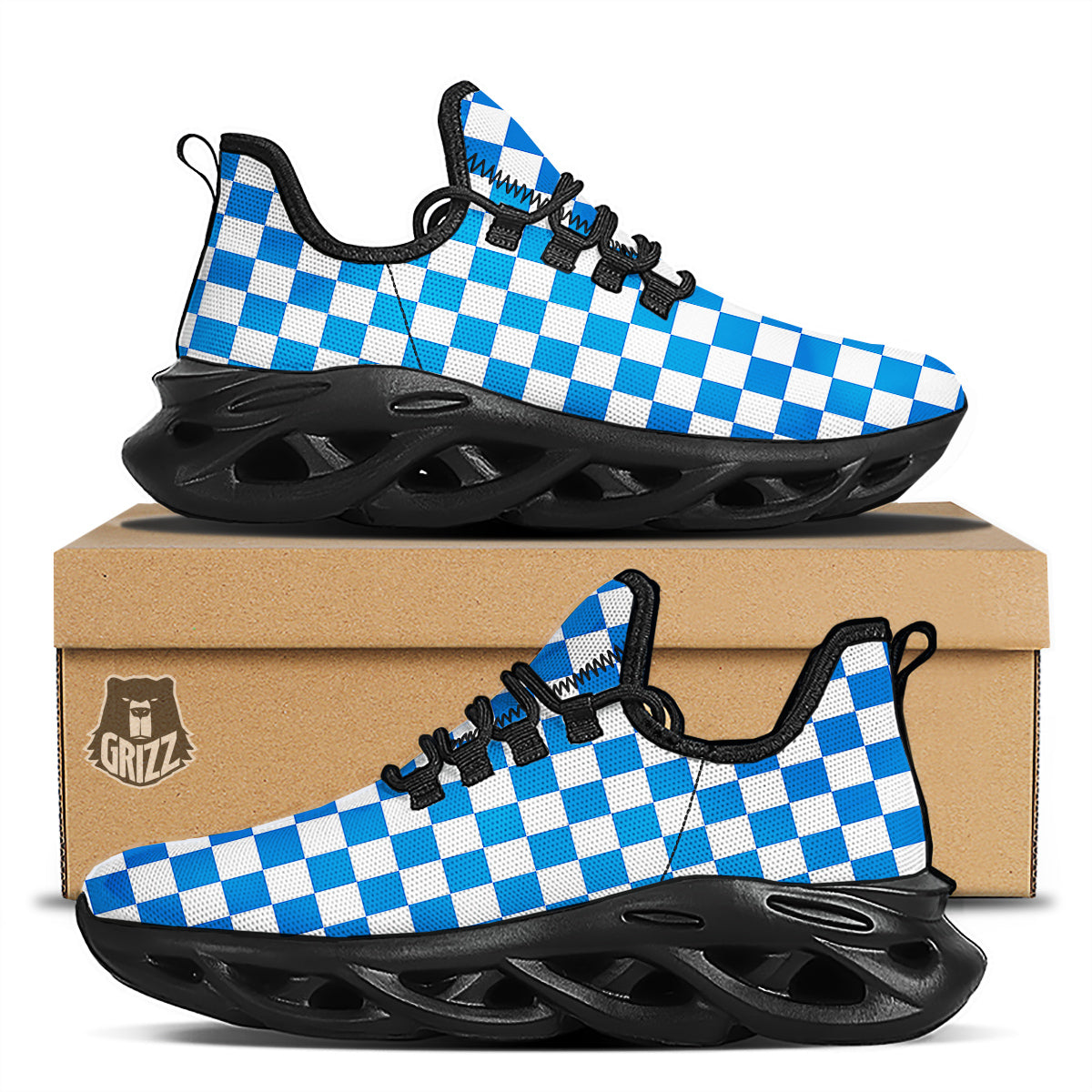 Blue Checkered Flag Print Black Running Shoes-grizzshop