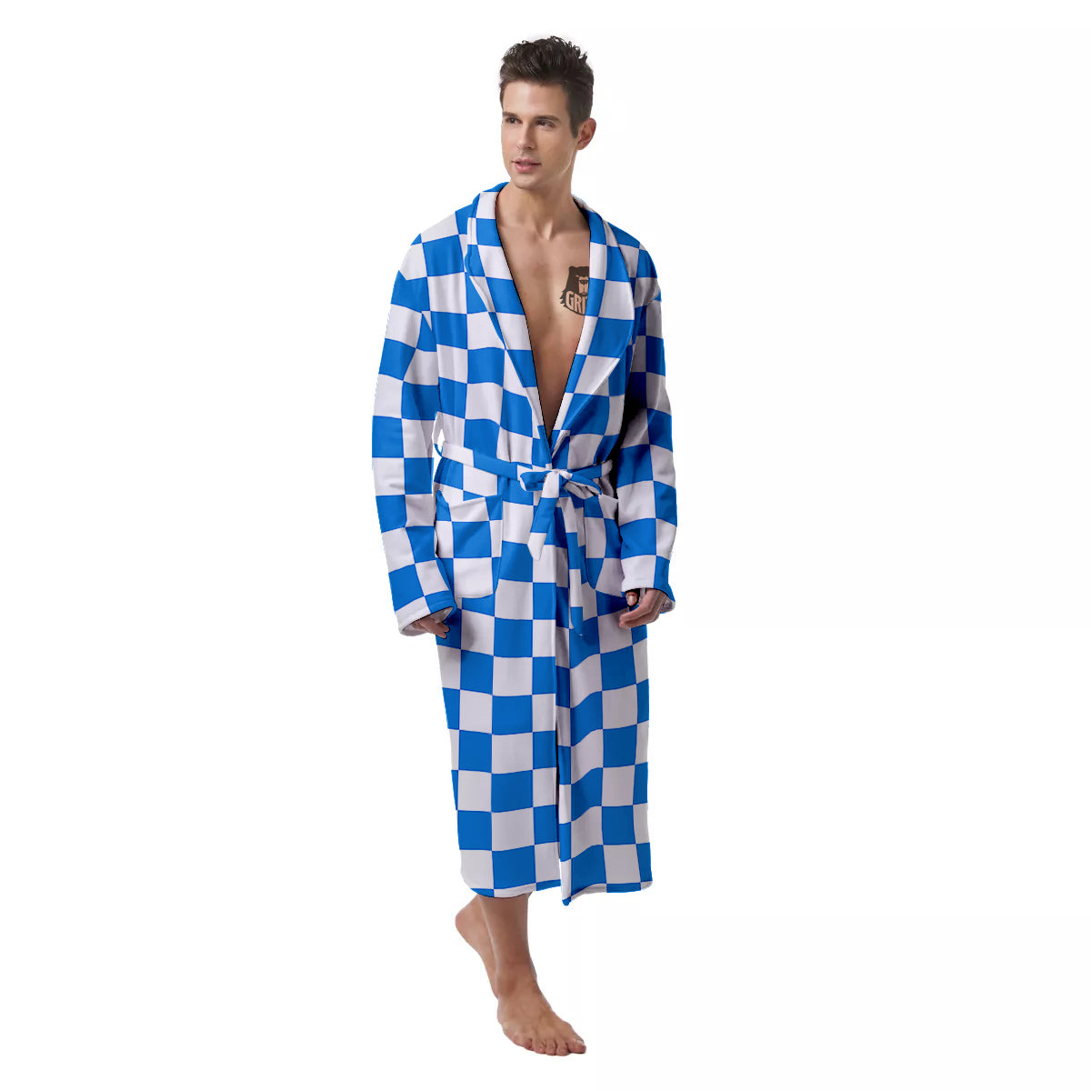 Blue Checkered Flag Print Men's Robe-grizzshop