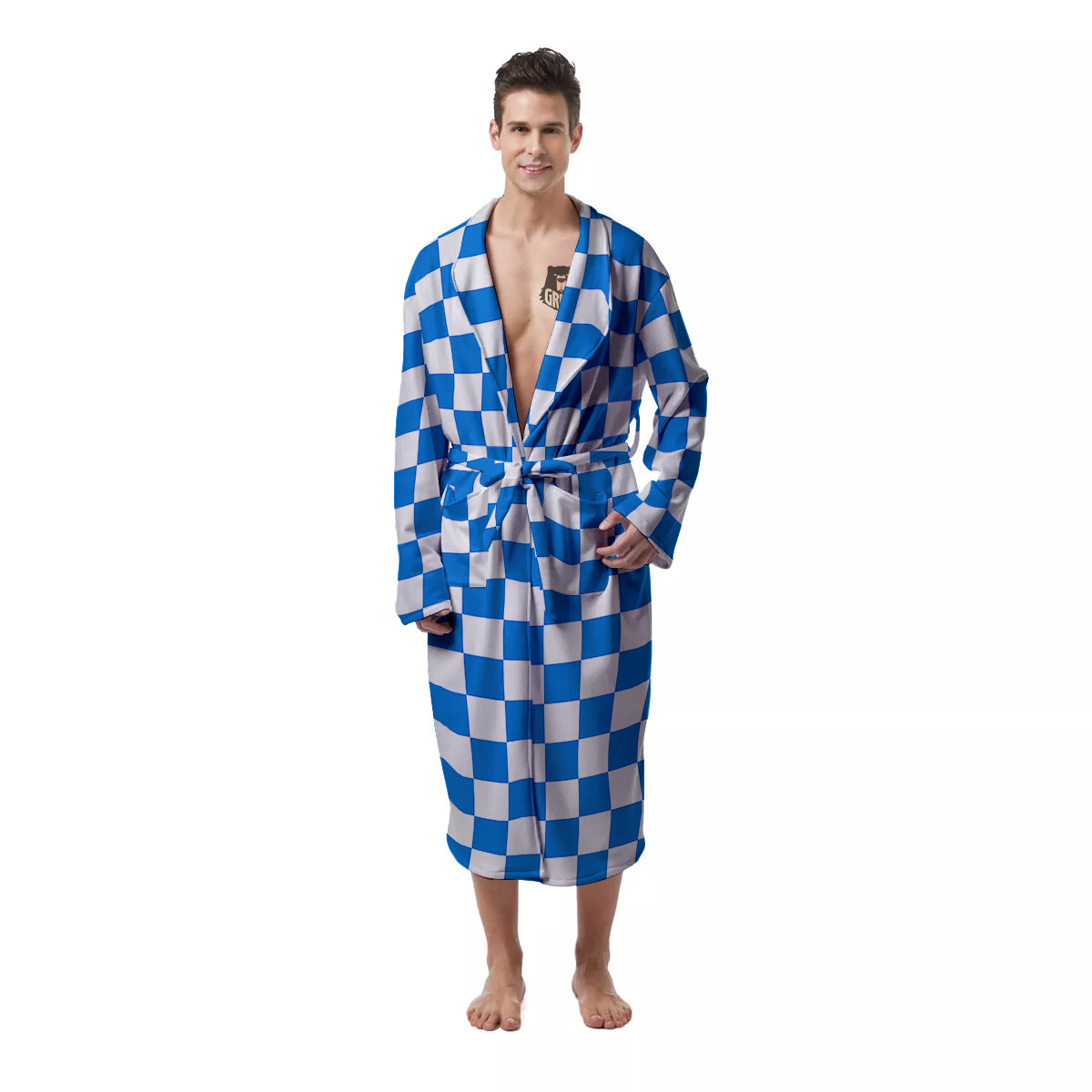 Blue Checkered Flag Print Men's Robe-grizzshop