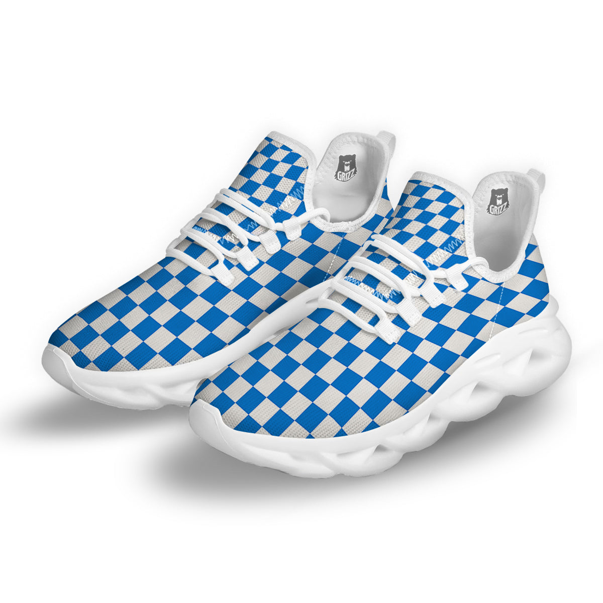 Blue Checkered Flag Print White Running Shoes-grizzshop