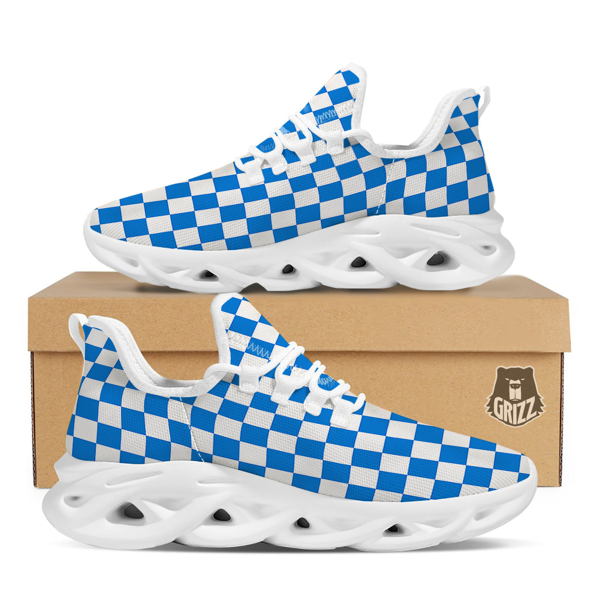 Blue Checkered Flag Print White Running Shoes-grizzshop