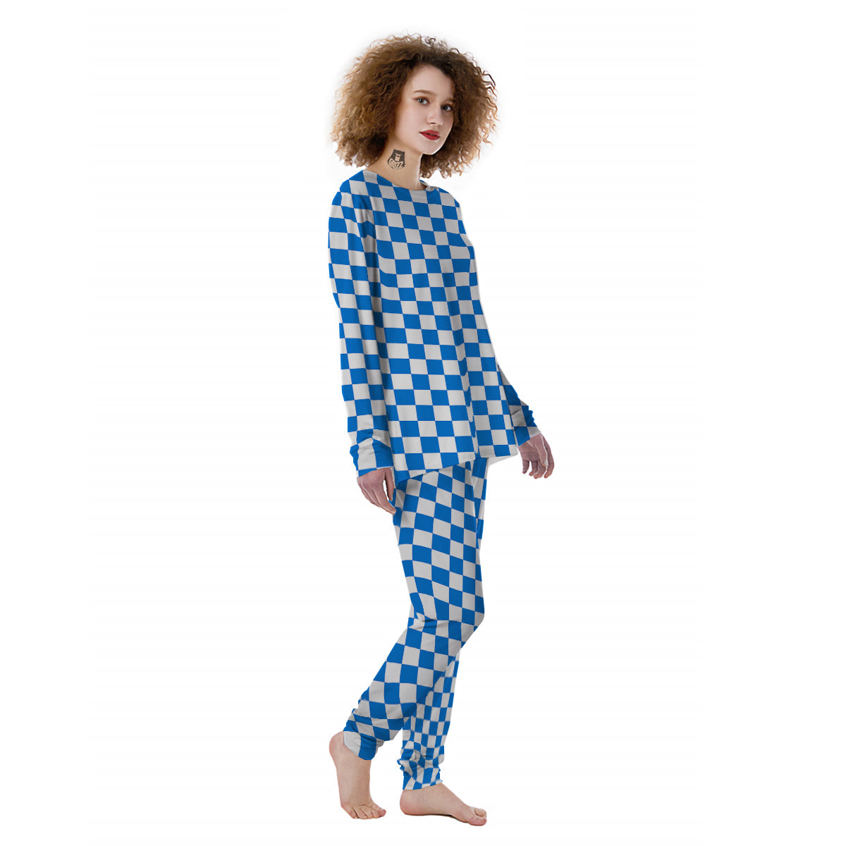 Blue Checkered Flag Print Women's Pajamas-grizzshop