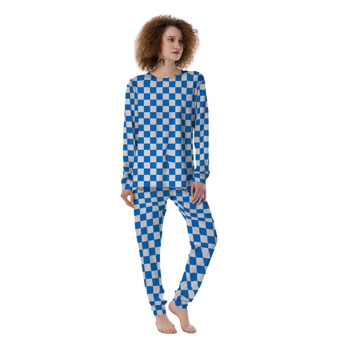 Blue Checkered Flag Print Women's Pajamas-grizzshop