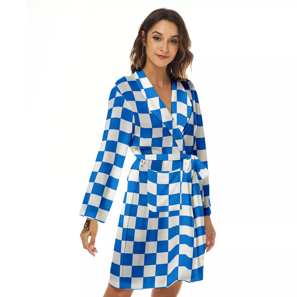 Blue Checkered Flag Print Women's Robe-grizzshop