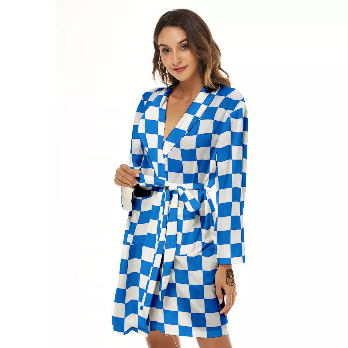 Blue Checkered Flag Print Women's Robe-grizzshop
