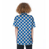 Blue Checkered Flag Print Women's Short Sleeve Shirts-grizzshop