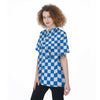 Blue Checkered Flag Print Women's Short Sleeve Shirts-grizzshop