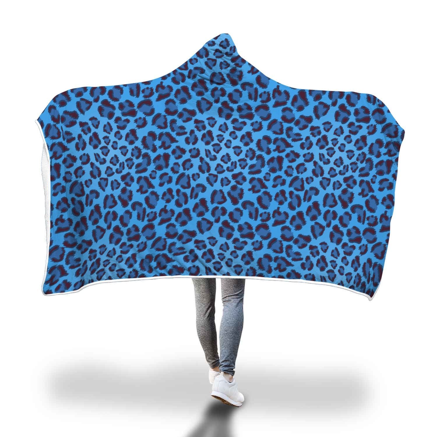 Blue Cheetah Leopard Pattern Print Hooded Blanket-grizzshop