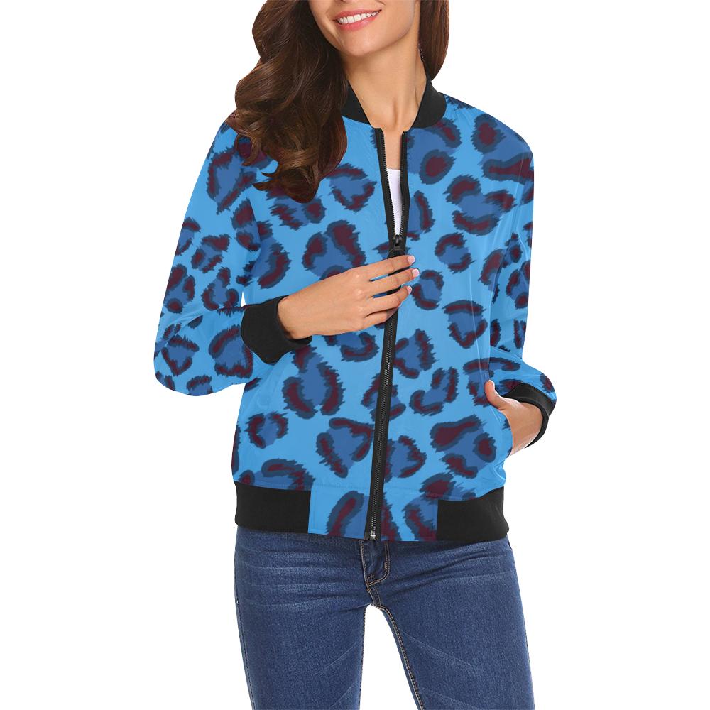 Blue Cheetah Leopard Pattern Print Women Casual Bomber Jacket-grizzshop