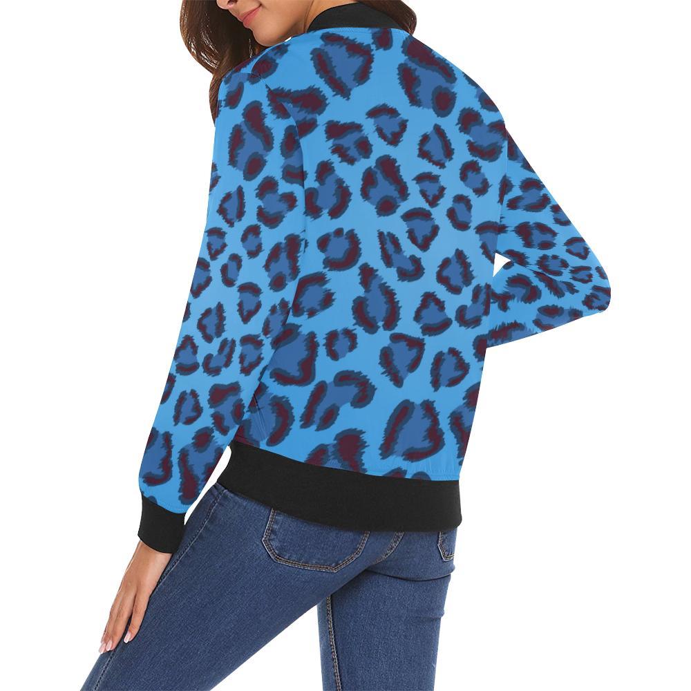 Blue Cheetah Leopard Pattern Print Women Casual Bomber Jacket-grizzshop