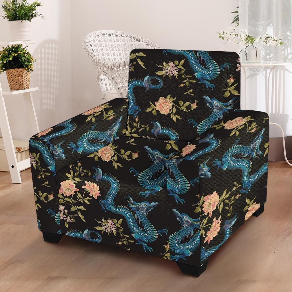 Blue Chinese Dragon Floral Print1 Armchair Cover-grizzshop