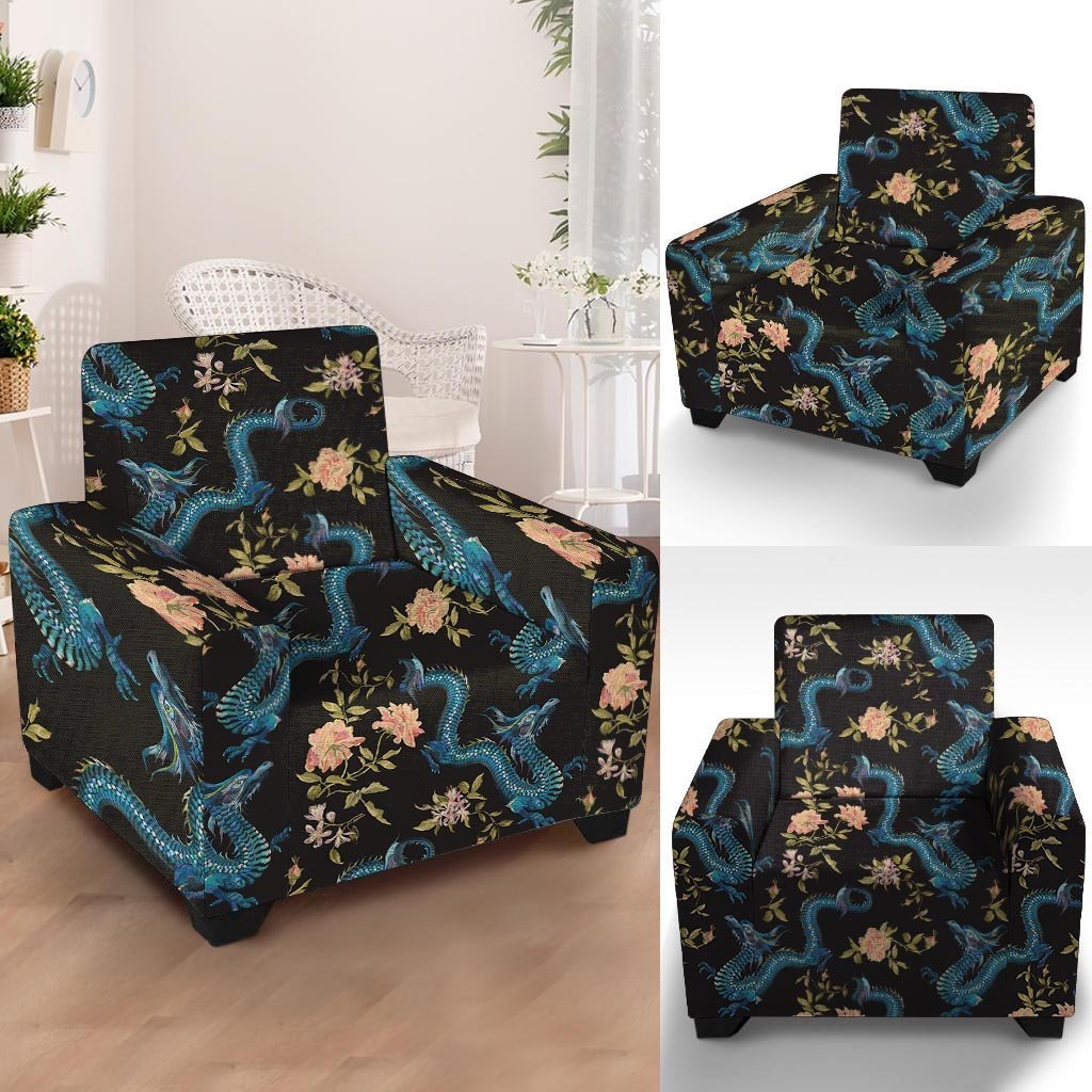 Blue Chinese Dragon Floral Print1 Armchair Cover-grizzshop