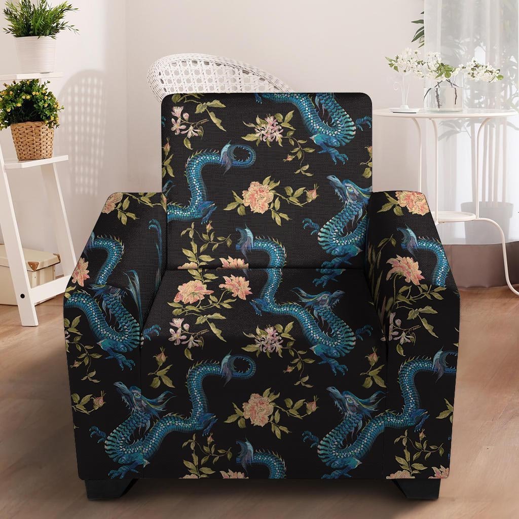 Blue Chinese Dragon Floral Print1 Armchair Cover-grizzshop