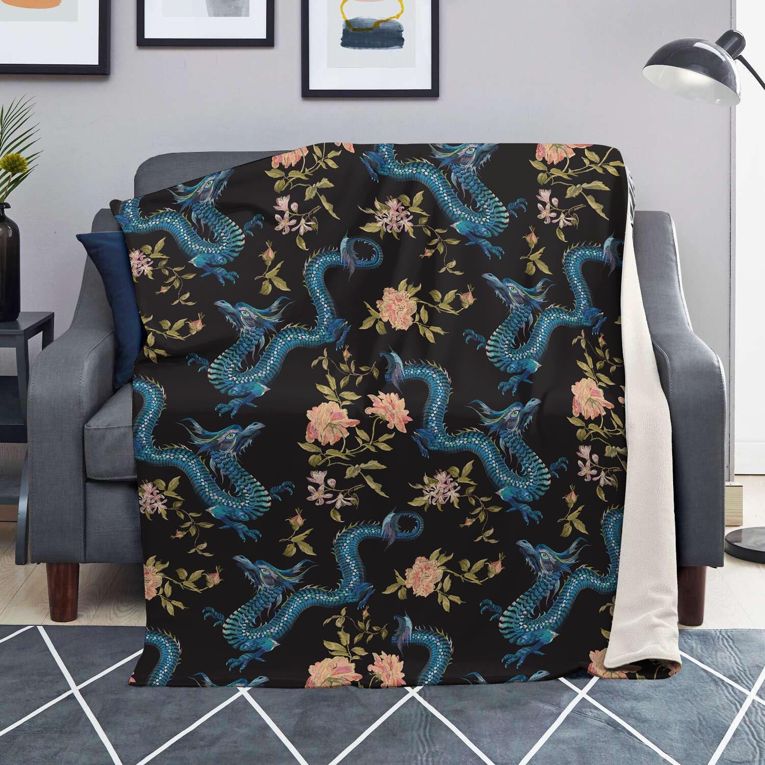 Blue Chinese Dragon Floral Print1 Blanket-grizzshop