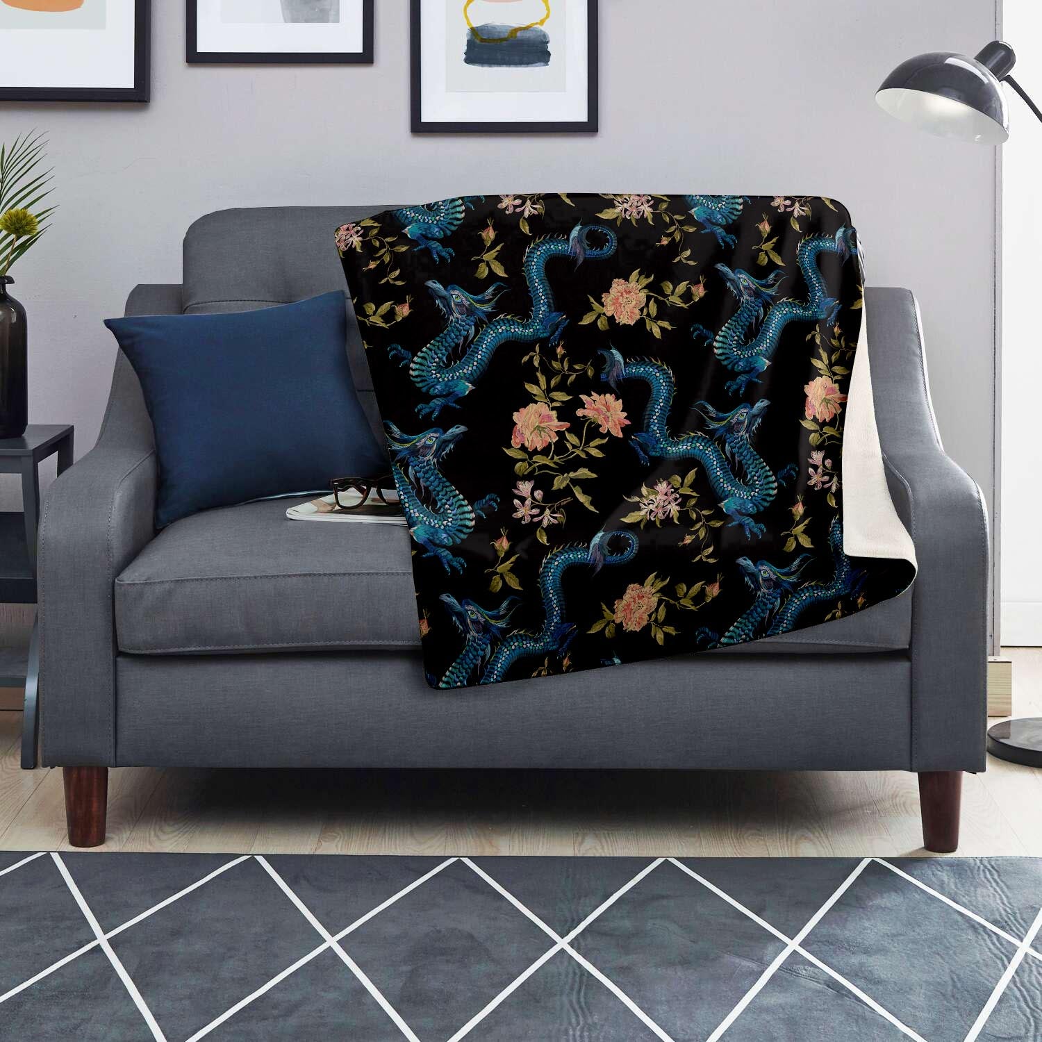 Blue Chinese Dragon Floral Print1 Blanket-grizzshop