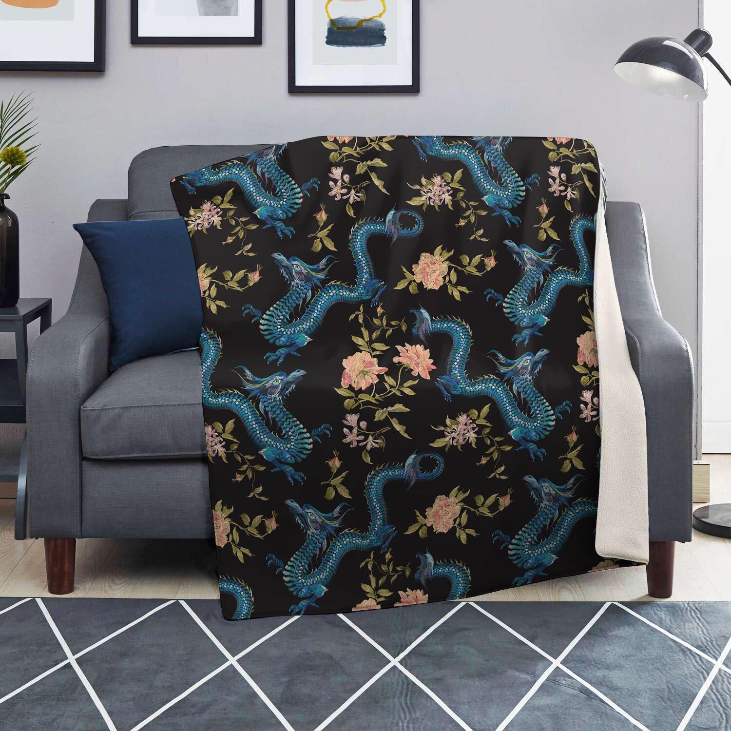 Blue Chinese Dragon Floral Print1 Blanket-grizzshop