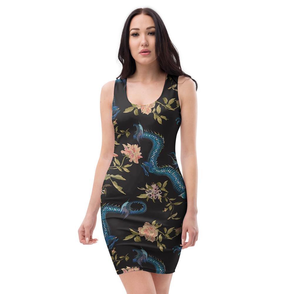 Blue Chinese Dragon Floral Print1 Bodycon Dress-grizzshop