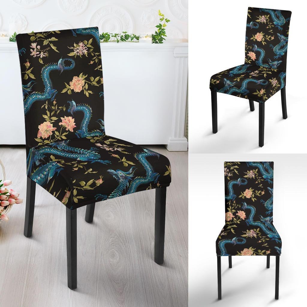 Blue Chinese Dragon Floral Print1 Chair Cover-grizzshop