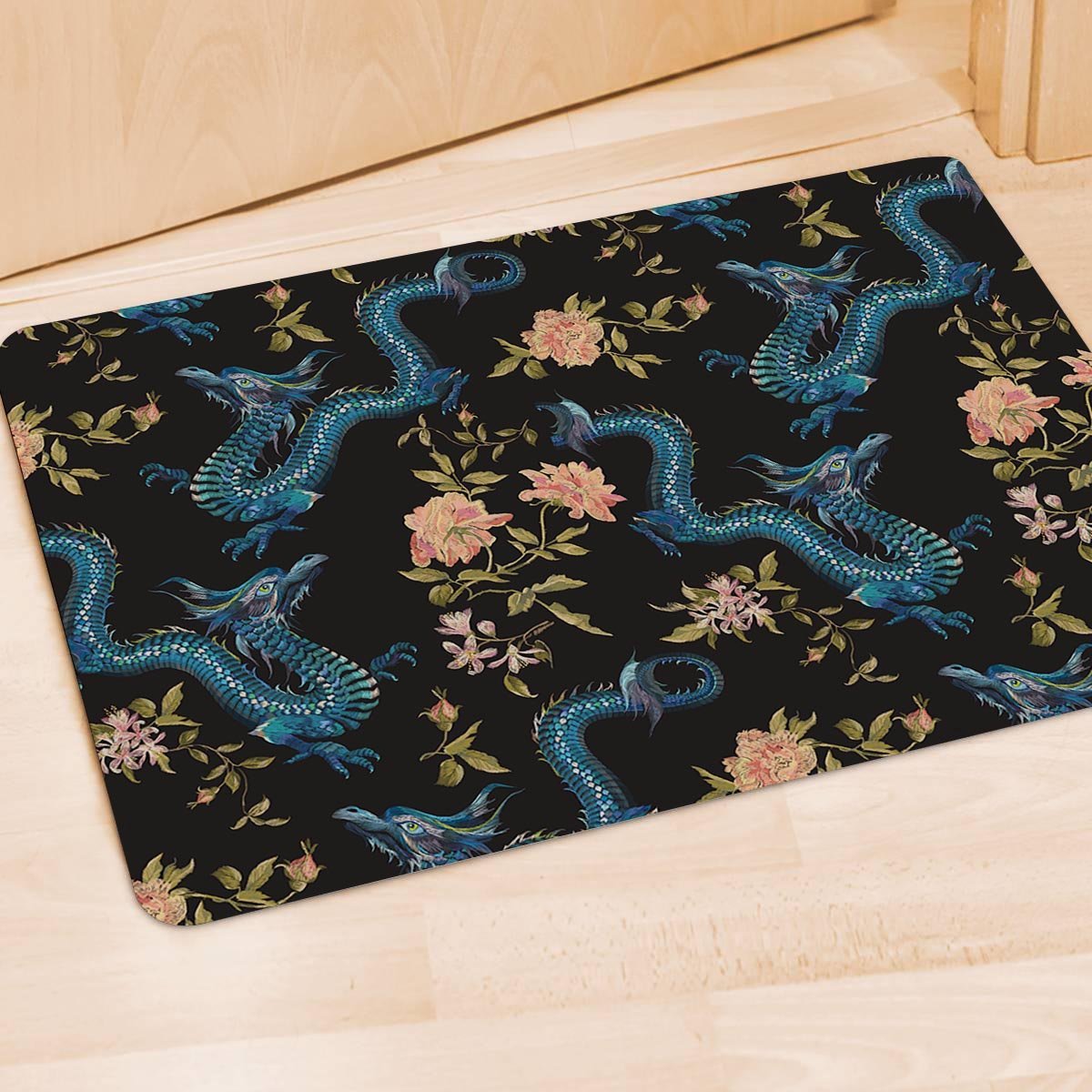 Blue Chinese Dragon Floral Print1 Door Mat-grizzshop