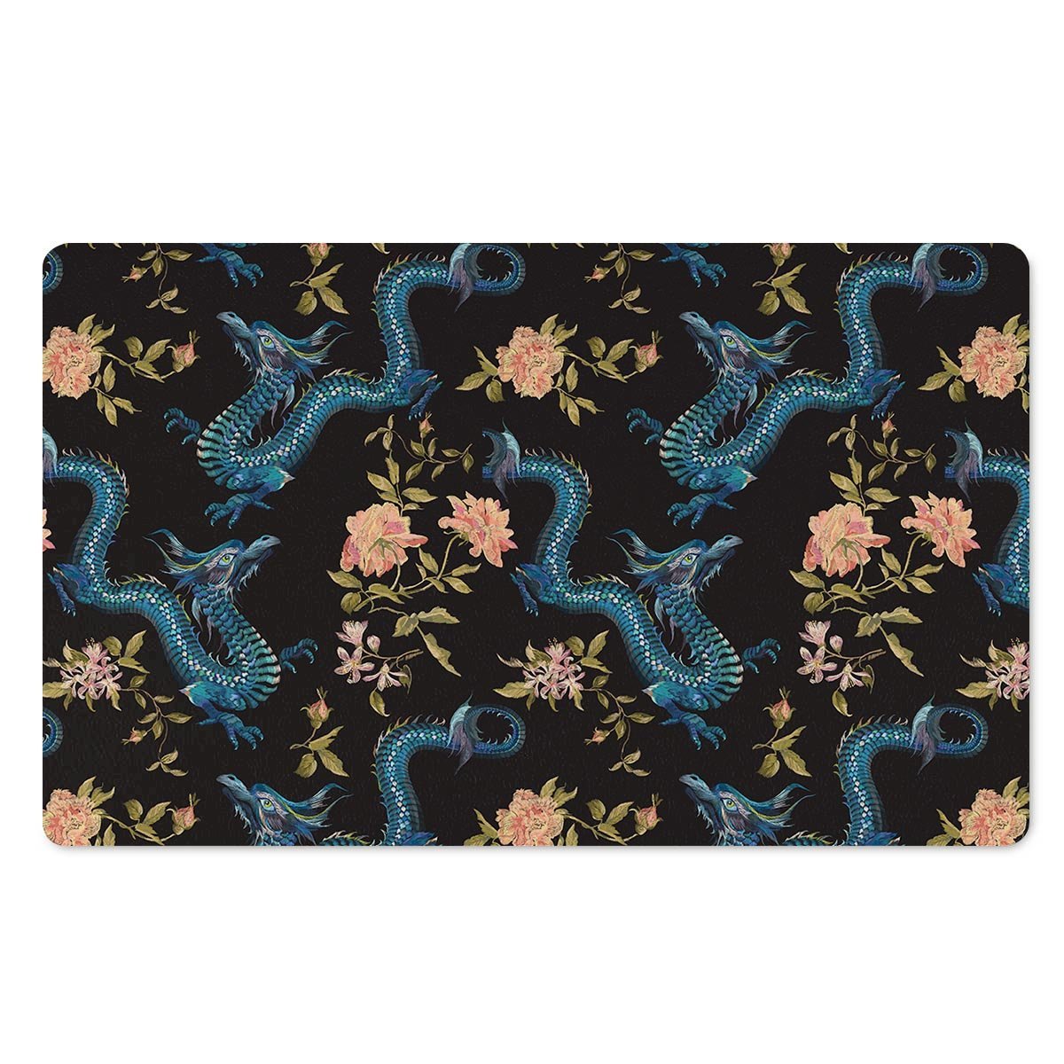 Blue Chinese Dragon Floral Print1 Door Mat-grizzshop
