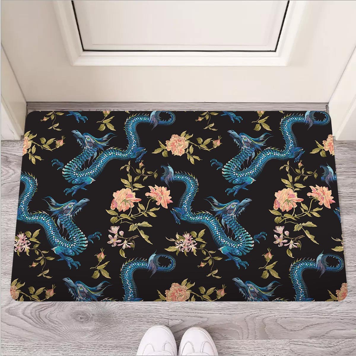 Blue Chinese Dragon Floral Print1 Door Mat-grizzshop
