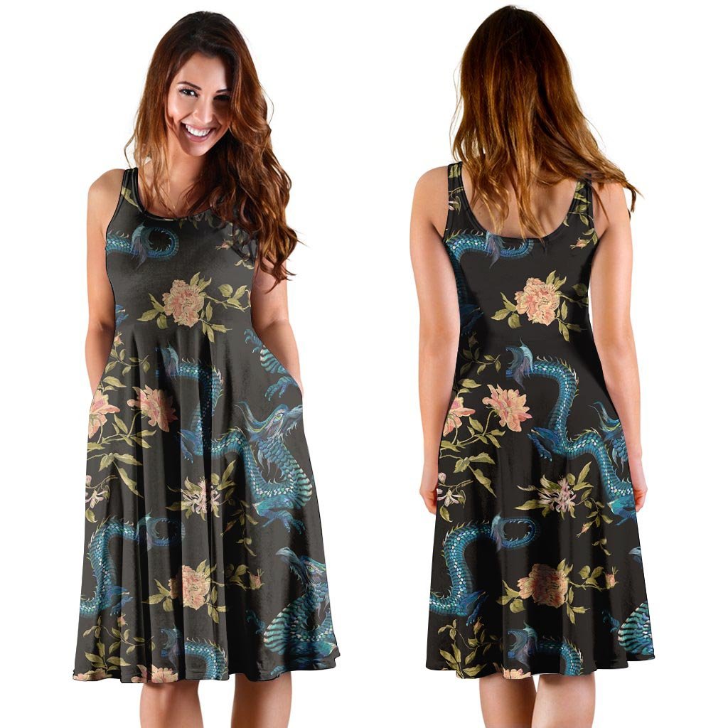 Blue Chinese Dragon Floral Print1 Dress-grizzshop