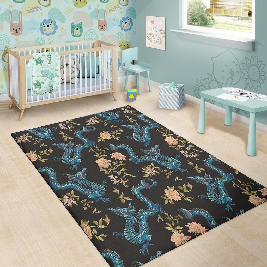 Blue Chinese Dragon Floral Print1 Floor Mat-grizzshop