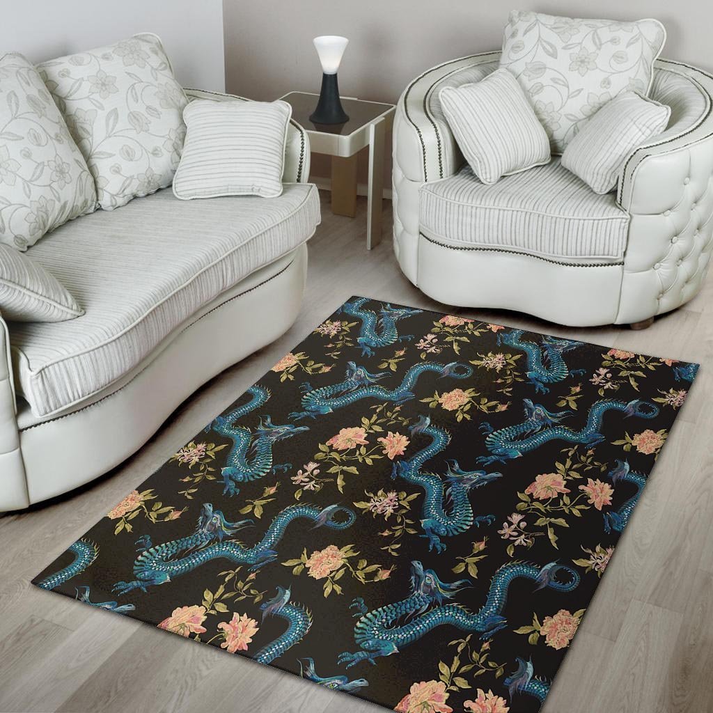 Blue Chinese Dragon Floral Print1 Floor Mat-grizzshop