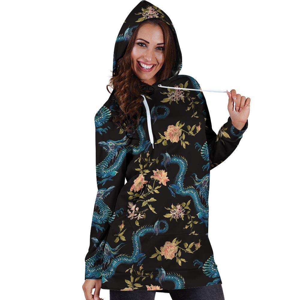 Blue Chinese Dragon Floral Print1 Hoodie Dress-grizzshop