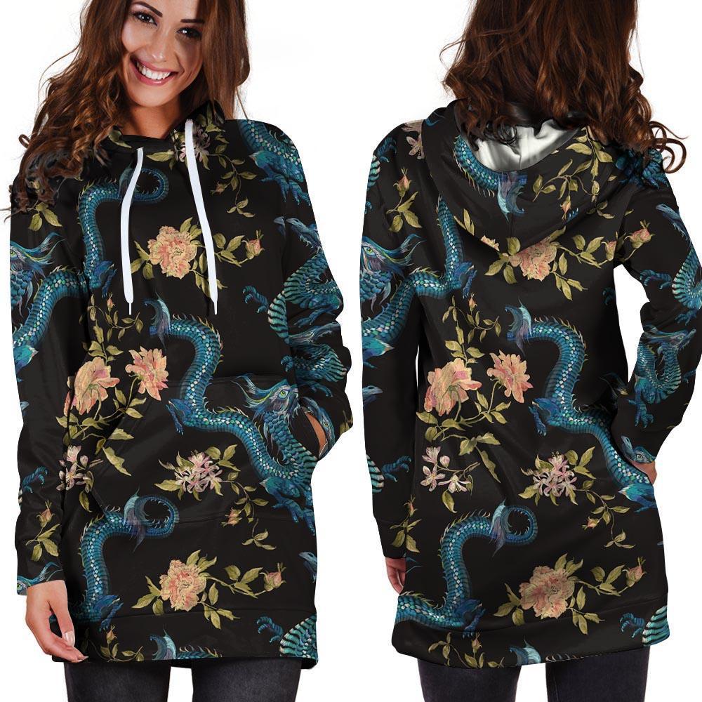 Blue Chinese Dragon Floral Print1 Hoodie Dress-grizzshop