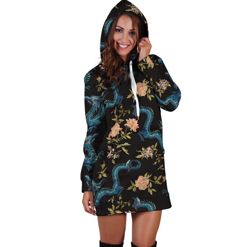 Blue Chinese Dragon Floral Print1 Hoodie Dress-grizzshop