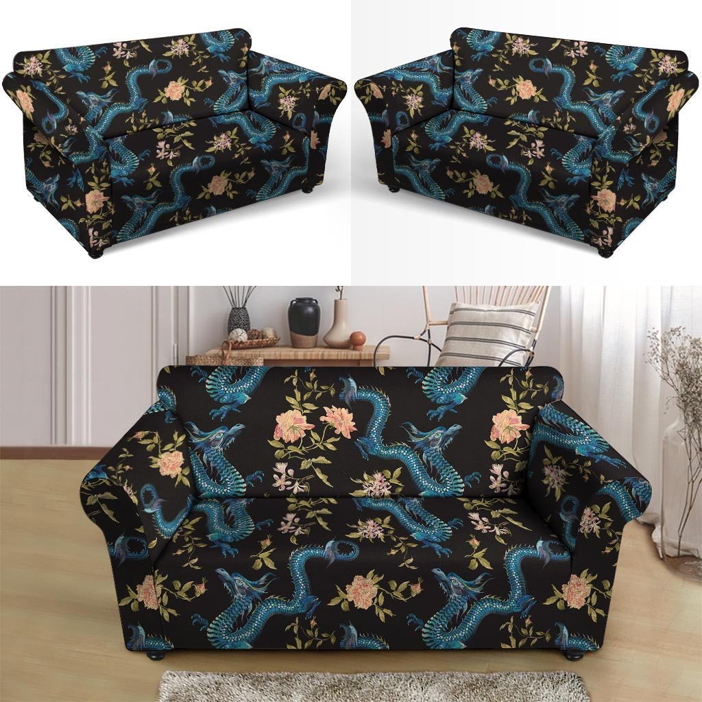 Blue Chinese Dragon Floral Print1 Loveseat Cover-grizzshop