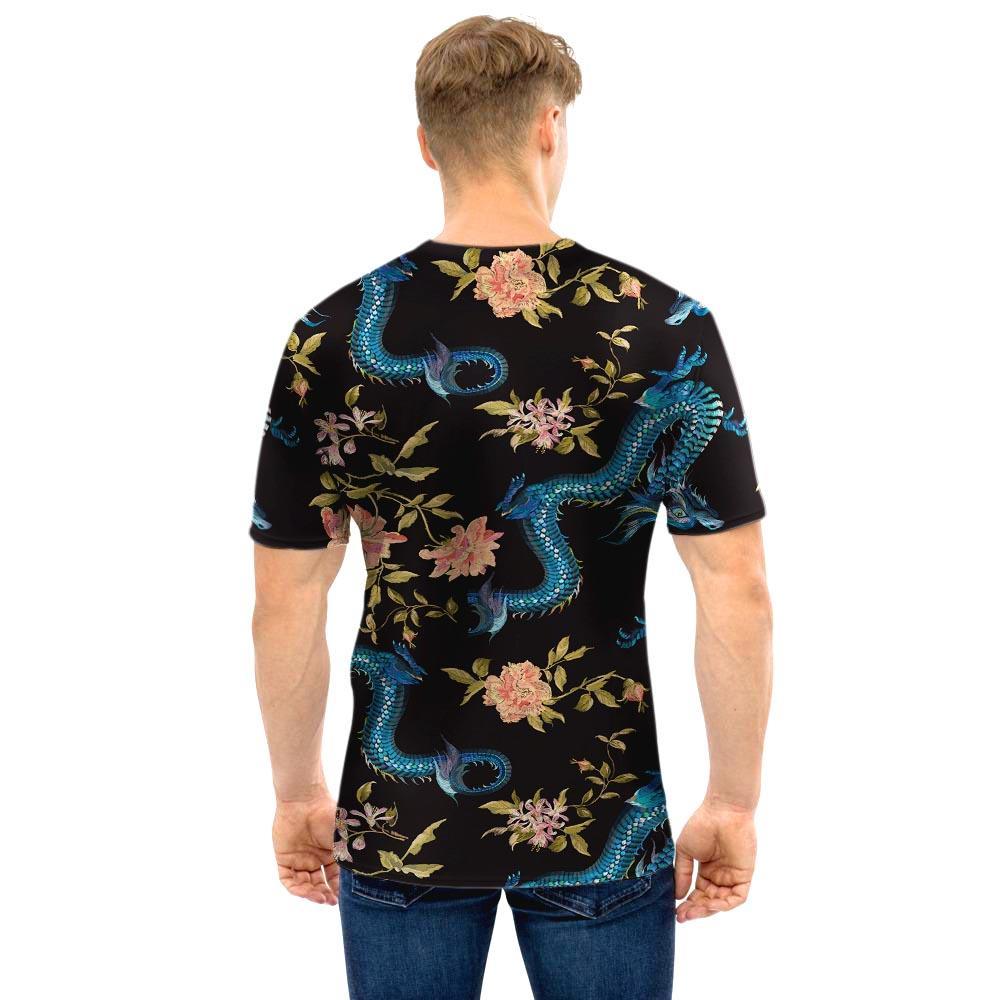 Blue Chinese Dragon Floral Print1 Men T Shirt-grizzshop