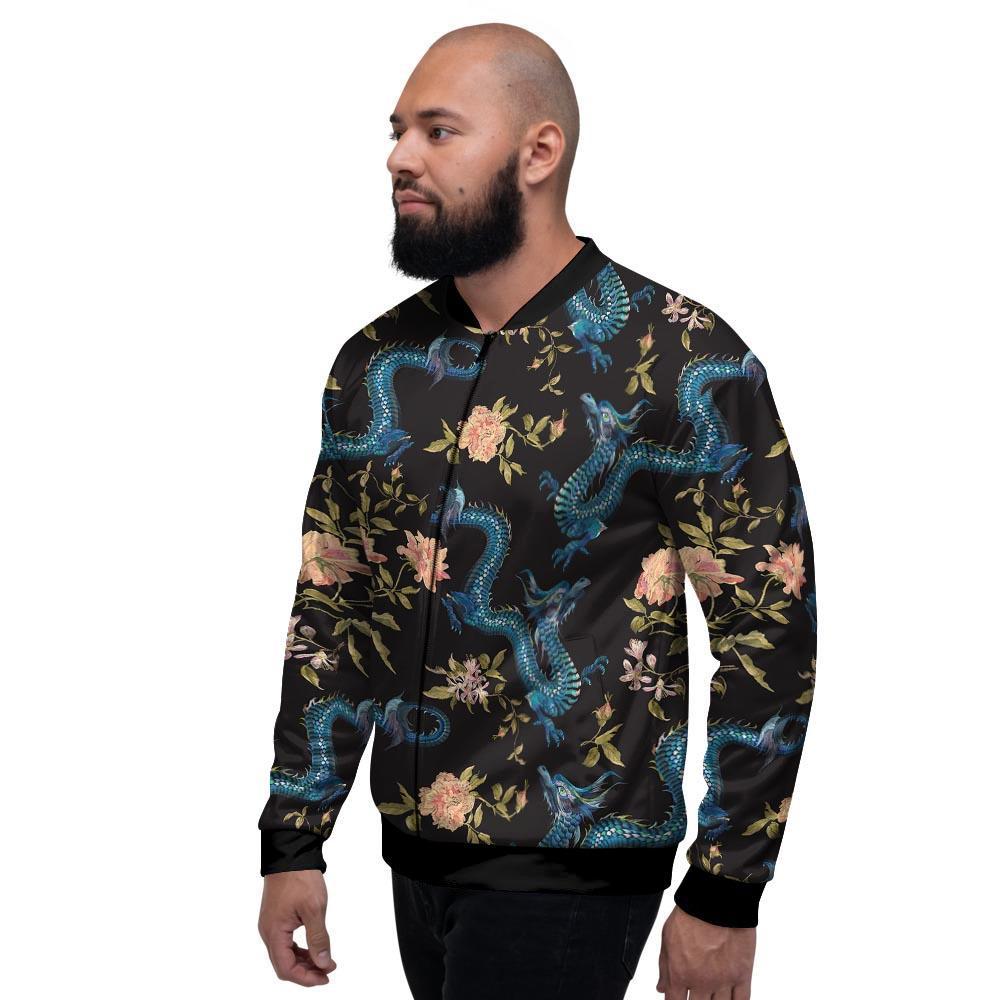 Blue Chinese Dragon Floral Print1 Men's Bomber Jacket-grizzshop