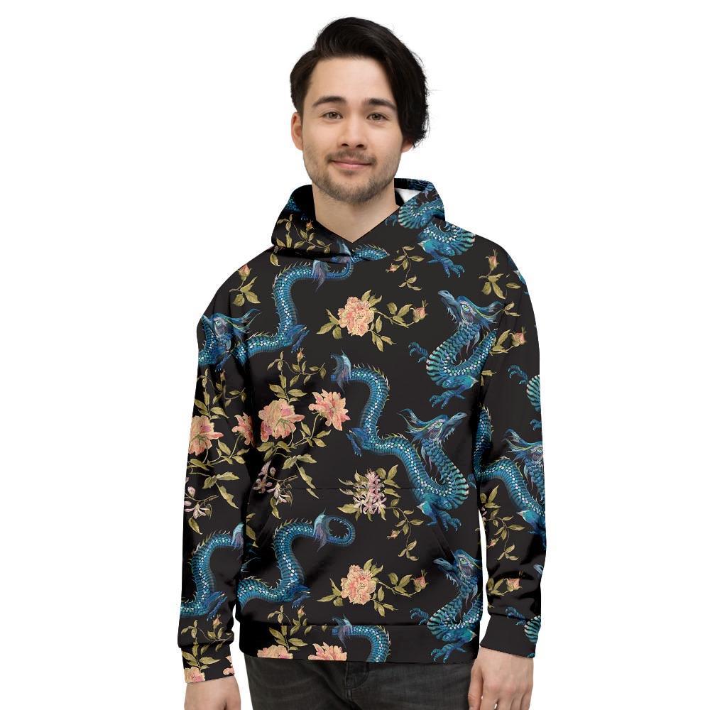 Blue Chinese Dragon Floral Print1 Men's Hoodie-grizzshop