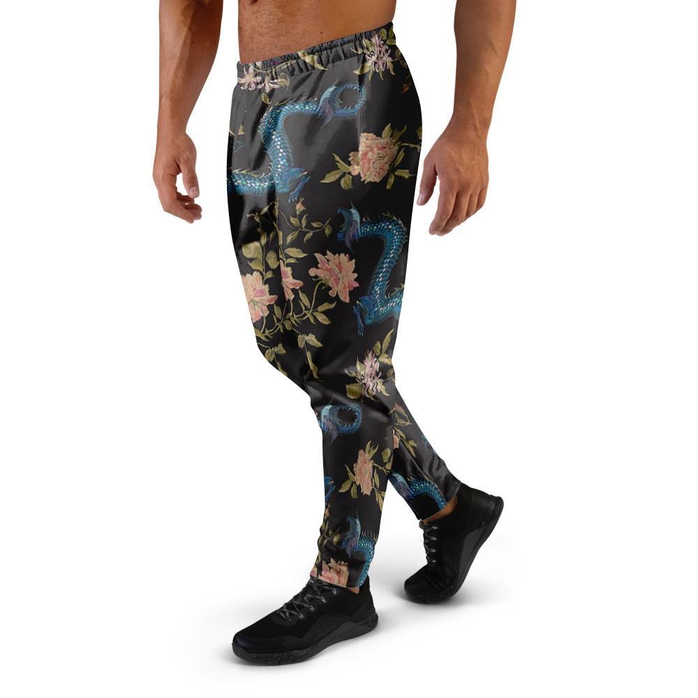 Blue Chinese Dragon Floral Print1 Men's Joggers-grizzshop