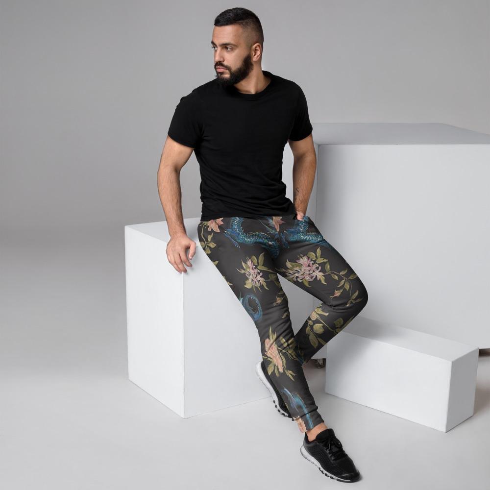 Blue Chinese Dragon Floral Print1 Men's Joggers-grizzshop