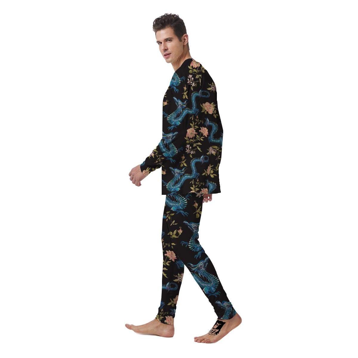 Blue Chinese Dragon Floral Print1 Men's Pajamas-grizzshop