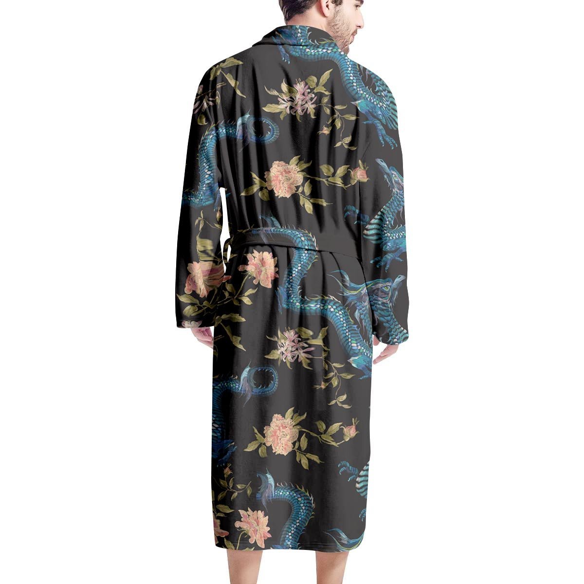 Blue Chinese Dragon Floral Print1 Men's Robe-grizzshop